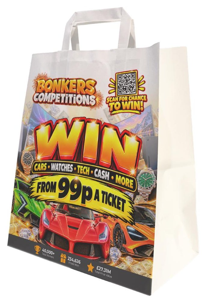 A large handled paper SOS bag printed with Bonkers Competitions branding